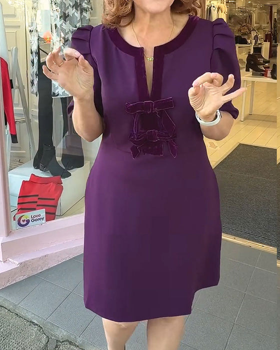 Kleid Puffärmel Schleife Samt Patchwork