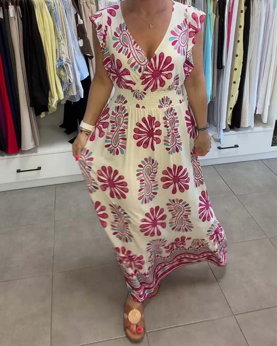 Kleid Blumen Taille-Zug Flatter-Ärmel Urlaub Maxi