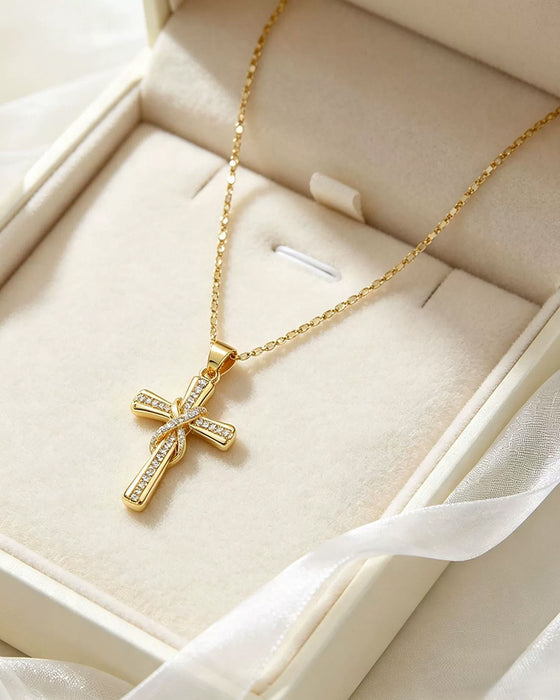 ✝️ Damen Halskette mit funkelndem Kreuzanhänger – Elegantes gedrehtes Design für Alltag & besondere Anlässe