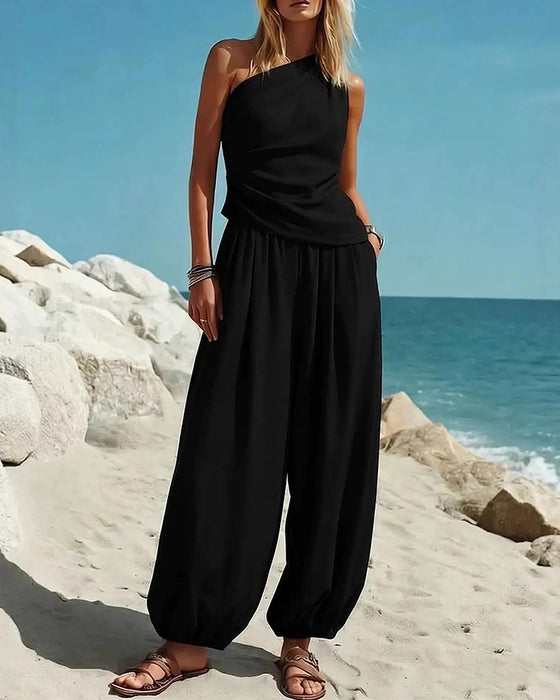 Set Ein Schulter Tank Top Hohe Taille Hose