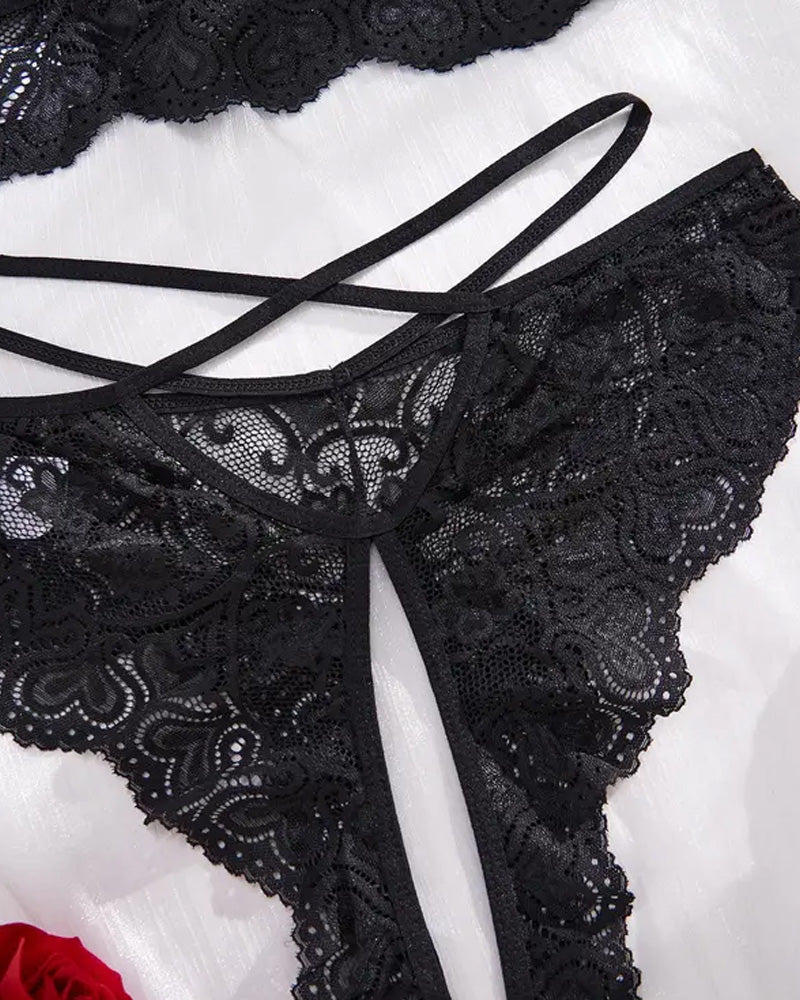 Sexy Dessous-Set – Bralette mit hohlem Schleifendetail & offene Panties