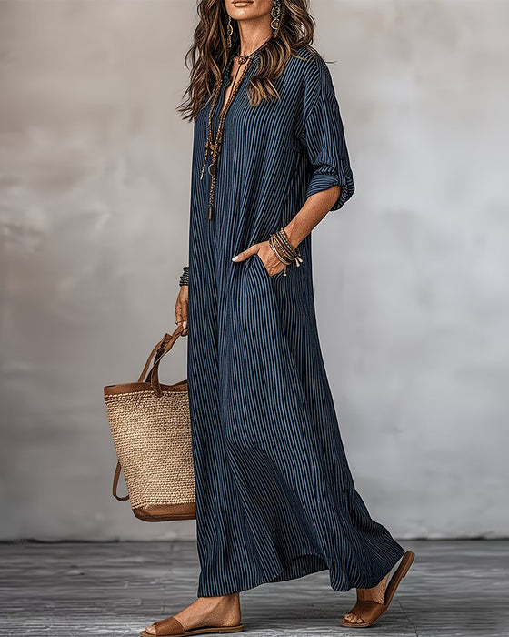 Kleid V-Ausschnitt Gestreift Tasche Hemd