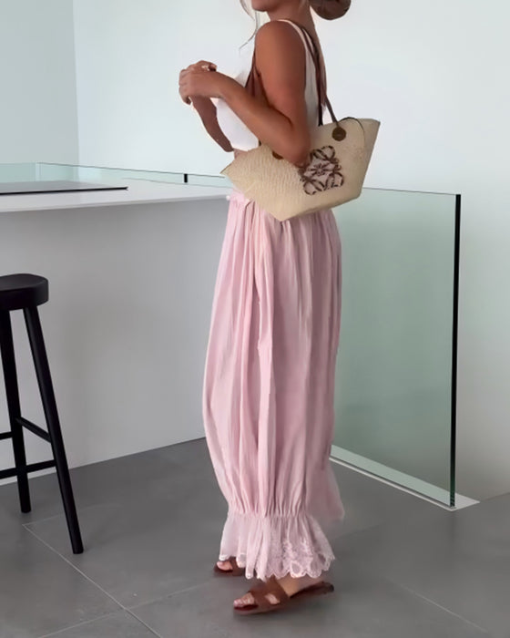 Hose Einfarbig Weit Bein Spitzenbesatz Aufgeschlagener Saum