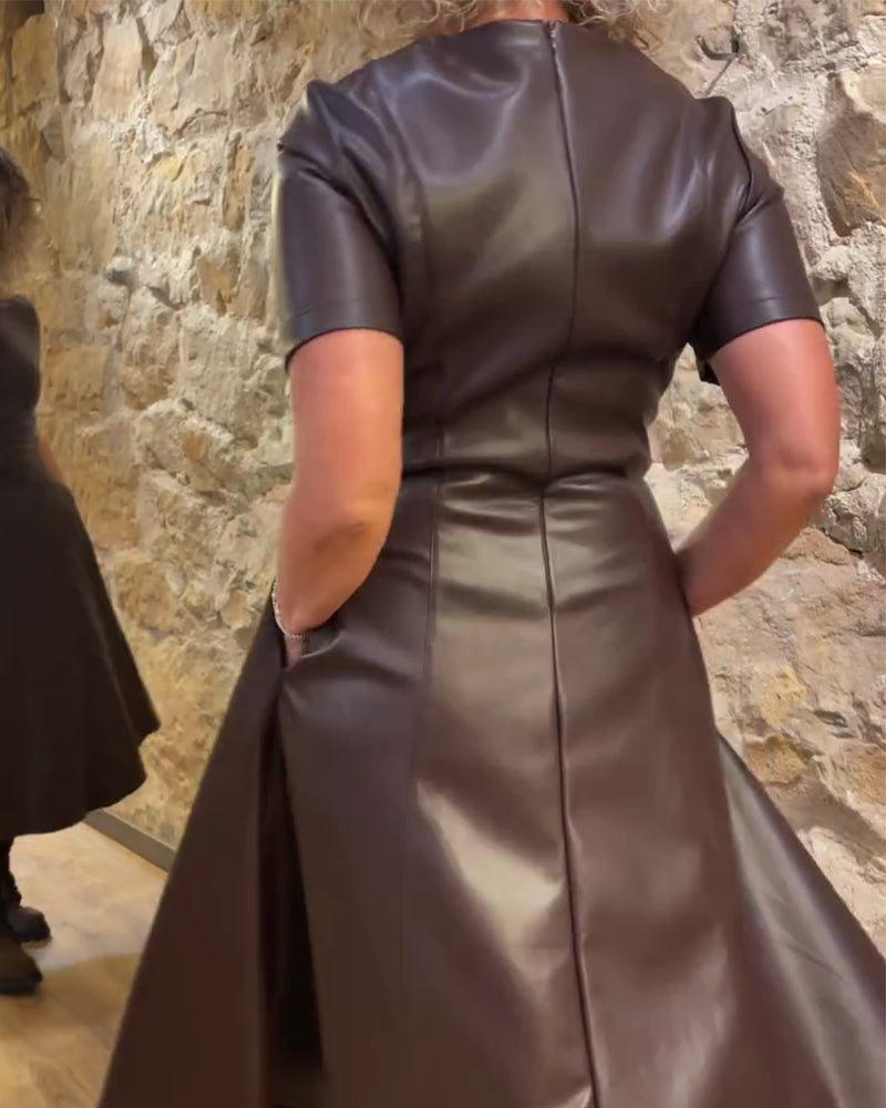 Kleid Pu Leder Tailliert Kurzärmlig