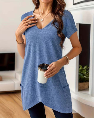 T-Shirt Asymmetrischer Saum V-Ausschnitt Kurzarm