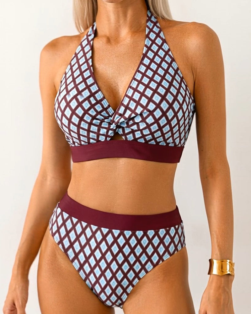 Bikini Geometrischer Rauten-Druck Halsschlaufe
