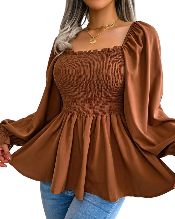 Bluse Rüsche Quadratischer Ausschnitt Langarm