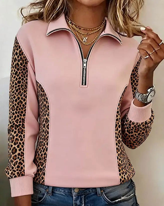 Sweatshirt Leopardenmuster Halb-Zip Revers