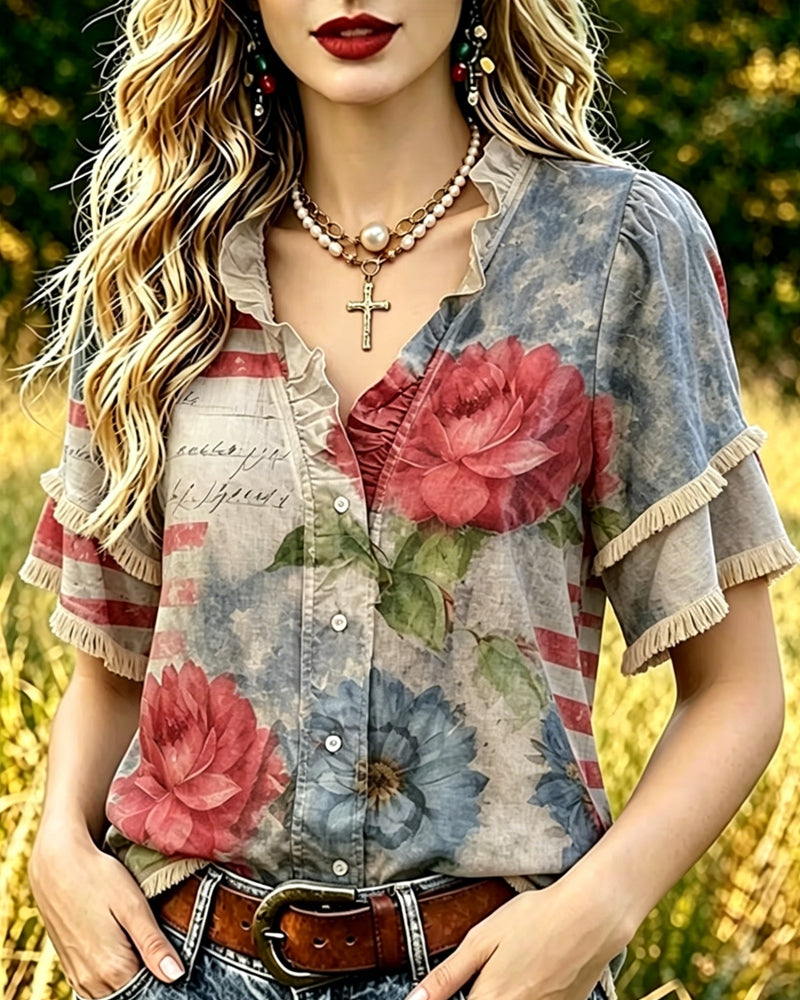 Bluse Mit Blumenprint Und Rüschenbesatz