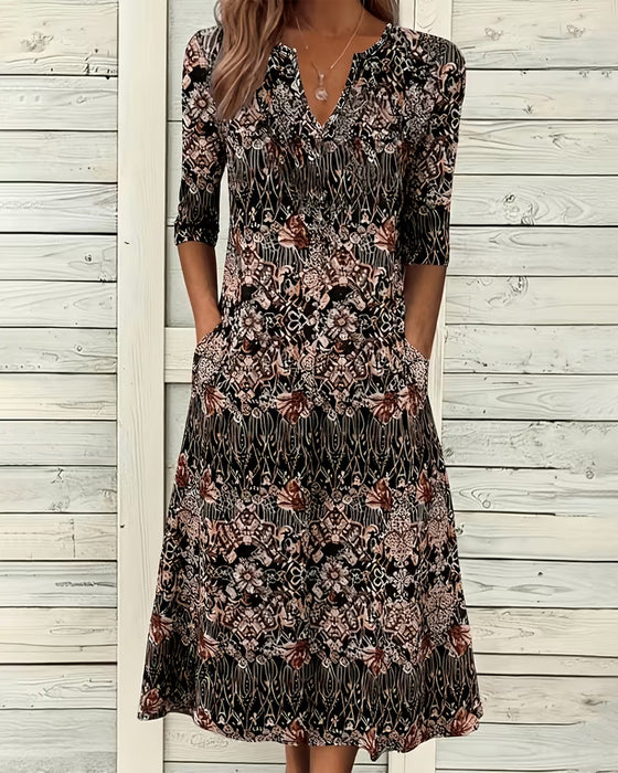 kleid v‑ausschnitt druck patchwork halbärmel