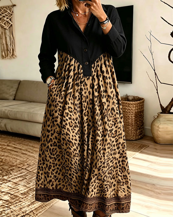Kleid Hemdkragen Knopfleiste Leopardenmuster Tasche