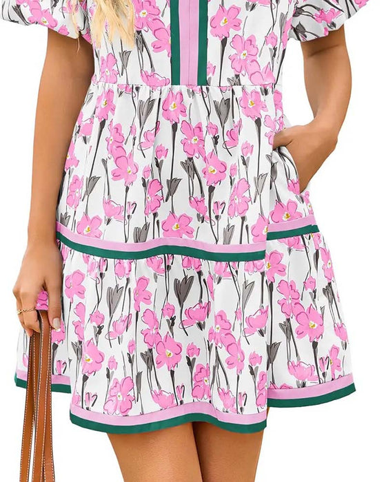 Kleid V-Ausschnitt Blumig Blasenärmel Patchwork