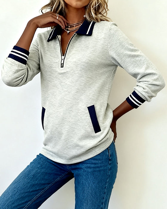 Weites Sweatshirt mit Revers, Reißverschluss und Kontrastfarbe