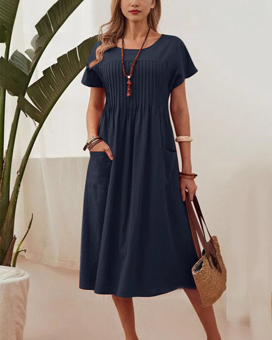 Kleid plissiert kurzärmlig Baumwolle und Leinen