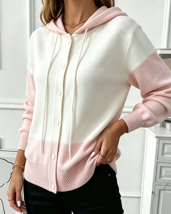 Cardigan Farbblock Mit Kapuze Einreihig Gestrickt
