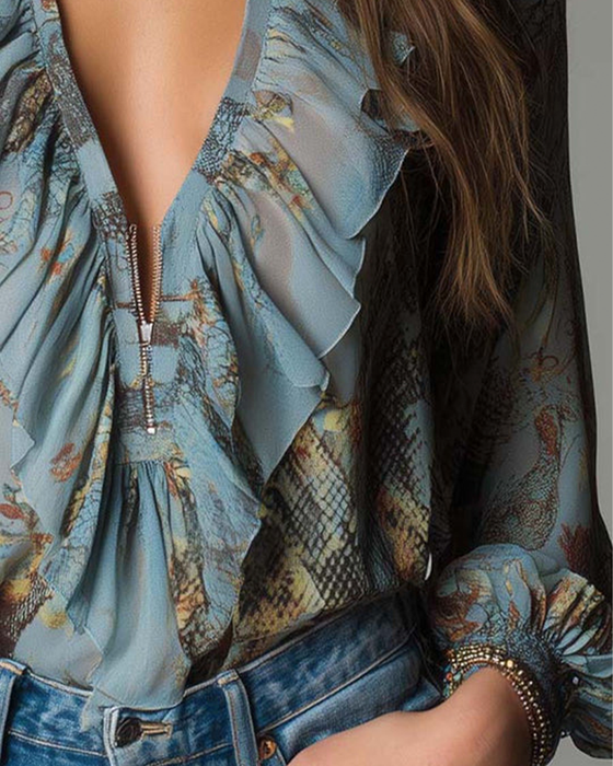 Bluse Tiefes V Rüschen Druck Elegant