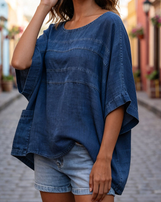Oberteil Locker Fledermausärmel Denim