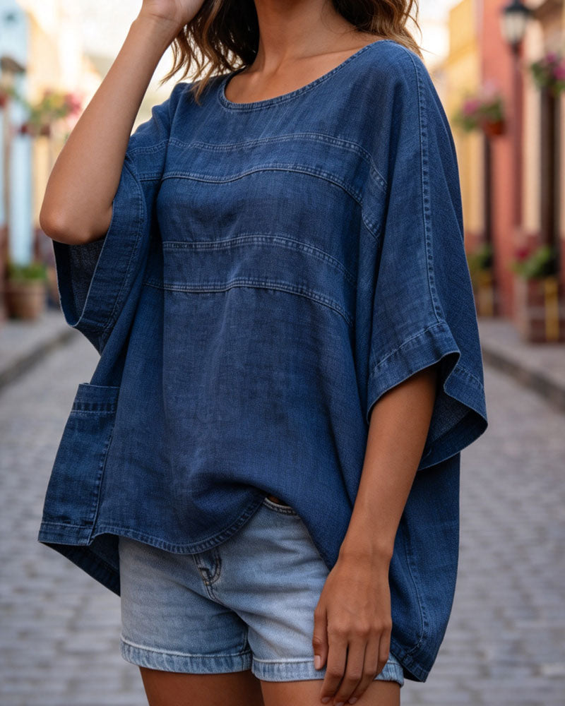 Oberteil Locker Fledermausärmel Denim