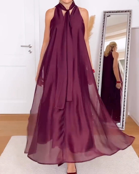 Kleid Halsschnitt Maxi Rock Unifarben Leicht Chiffon