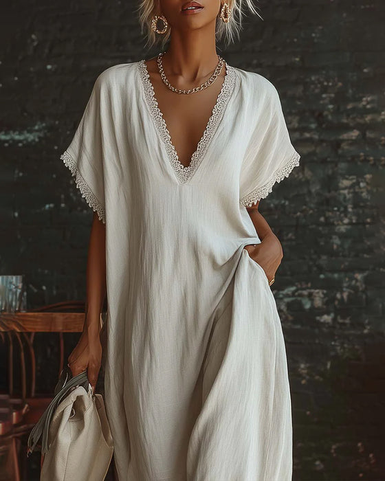 Kleid Unifarben V-Ausschnitt Mode Lang
