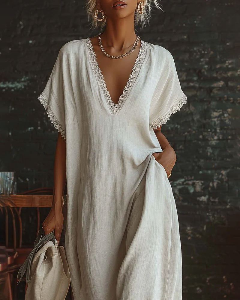 Kleid Unifarben V-Ausschnitt Mode Lang