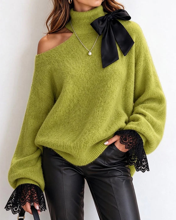 Pullover Turtleneck Schleife Off-Shoulder Spitze Patchwork