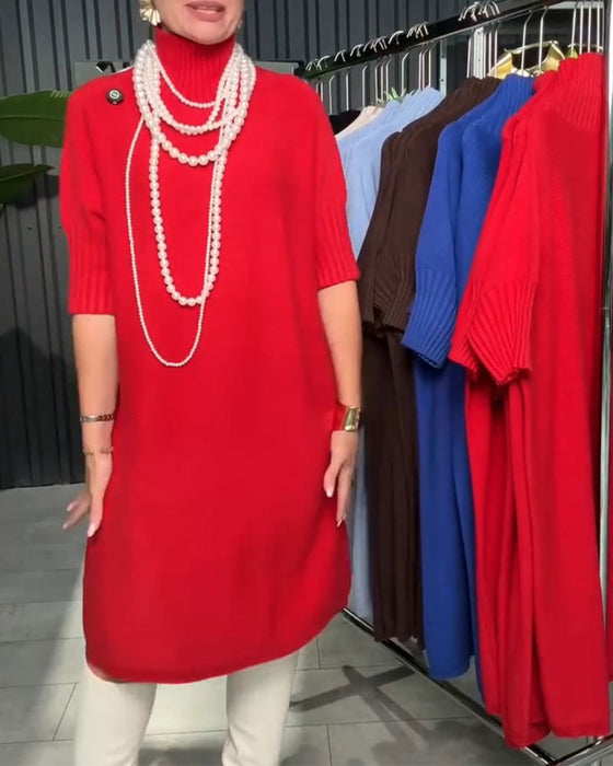 Kleid Hoher Ausschnitt Halblanger Ärmel Gerade Gestrickt