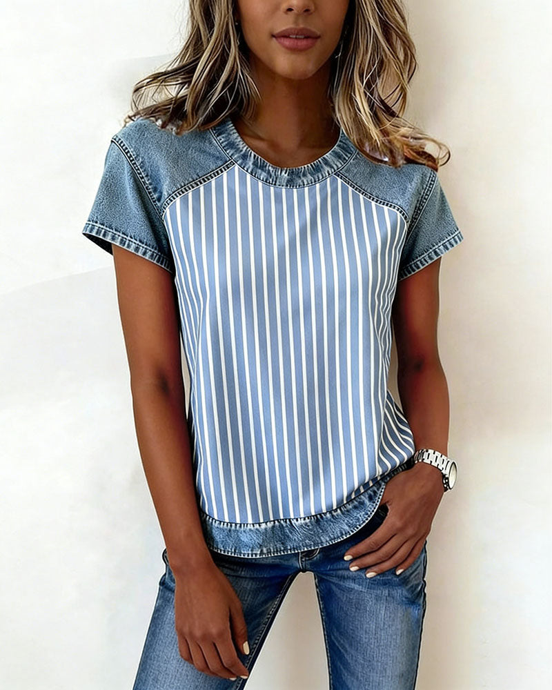 T-Shirt Denim Patchwork Gestreift Kurzarm