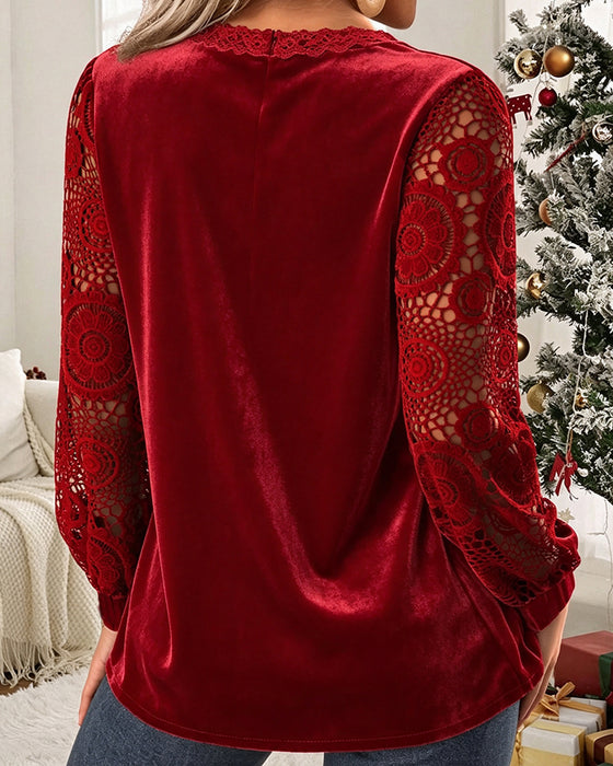 Bluse V-Ausschnitt Ausschnitt Spitze Panel Langarm