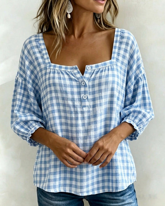 Bluse Quadratischer Ausschnitt Knopfleiste Karo