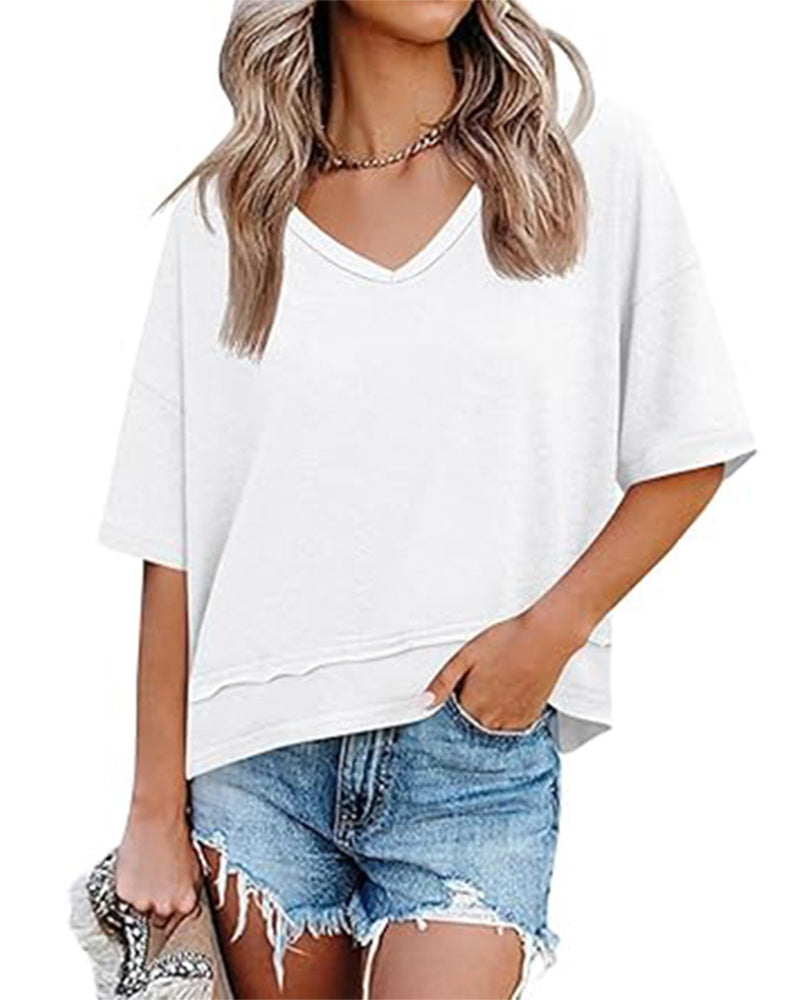 Bluse Einfarbig V-Ausschnitt Patchwork Saum