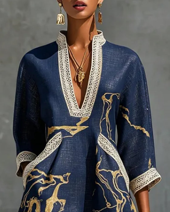 Kleid Stehkragen Halbärmel Hohl