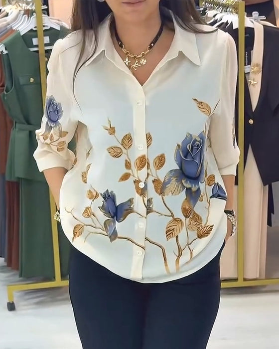 Bluse Revers Puffärmel Knopfleiste