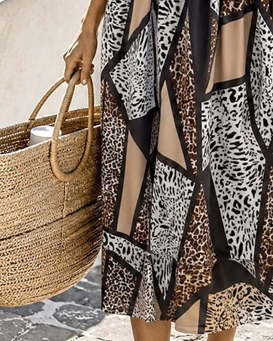 Kleid Geometrisch Patchwork Leopard Voll Rock Maxi