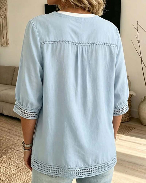 Bluse V-Ausschnitt Knopf Spitze Durchbrochen Einfarbig