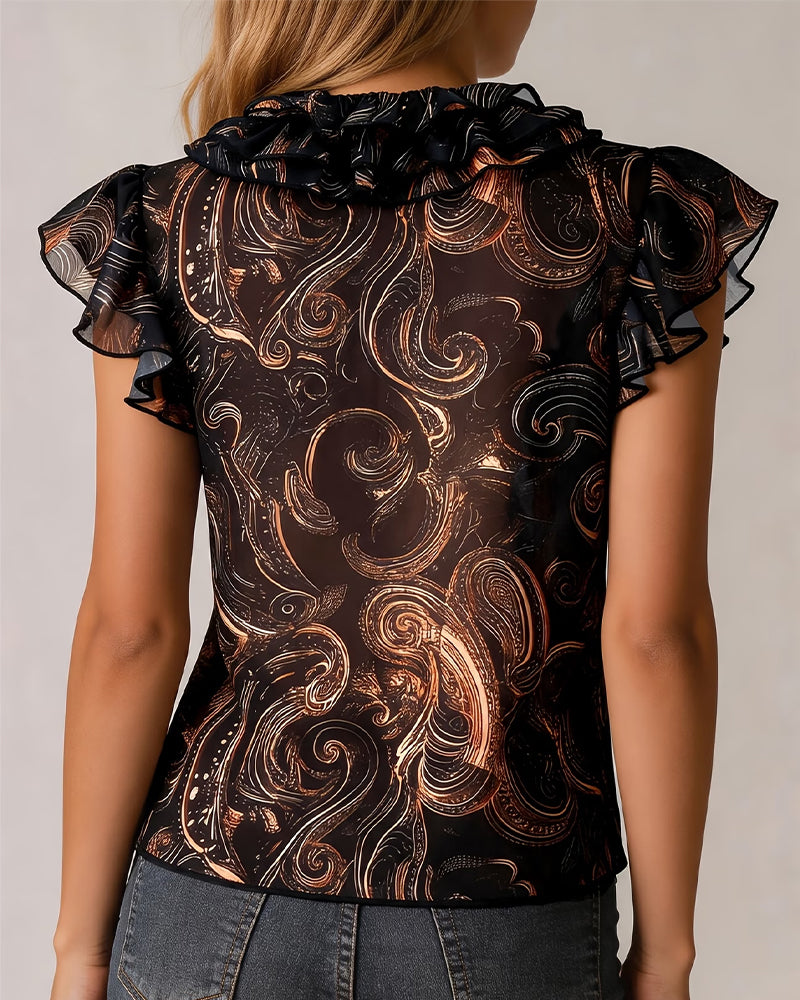 Bluse V-Ausschnitt Rüsche Flatterärmel Print