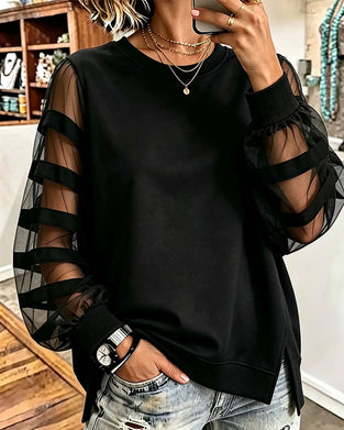 Sweatshirt Runder Ausschnitt Schlitz Unifarbe Tüll