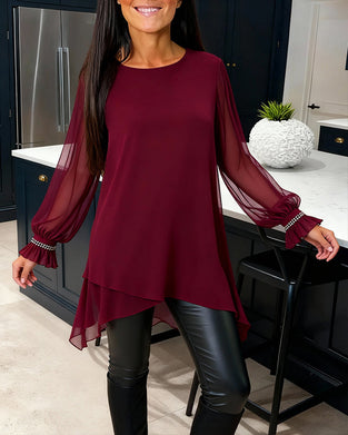 Bluse Perlenbesetzt Puffärmel Runder Halsausschnitt