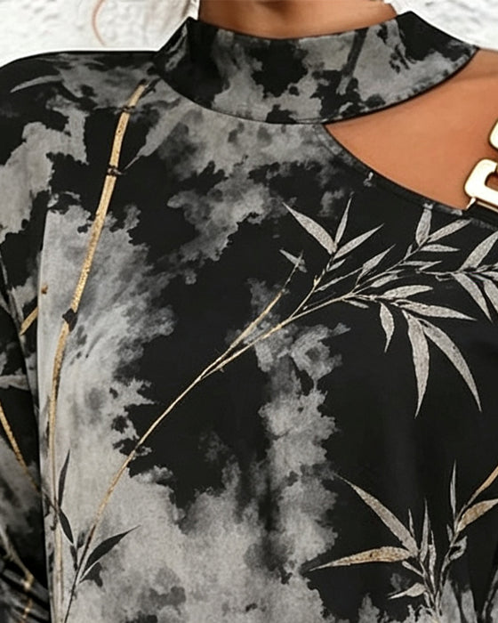Kleid Ein-Schulter Tinte Bambus Blatt Druck