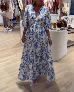 Kleid Tiefer V-Ausschnitt Elegant Blumig Lang
