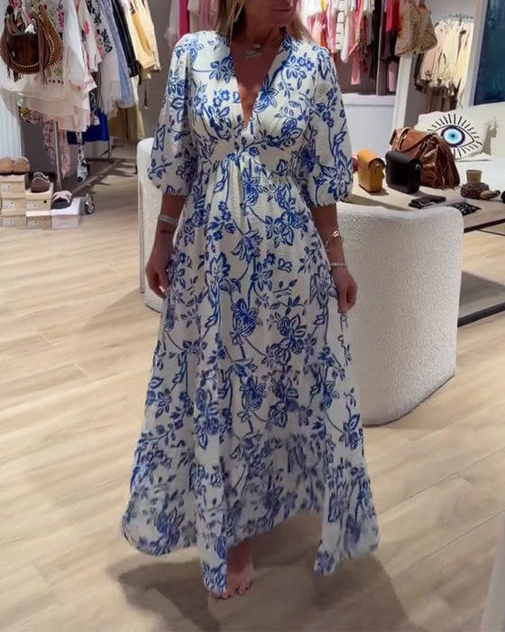 Kleid Tiefer V-Ausschnitt Elegant Blumig Lang
