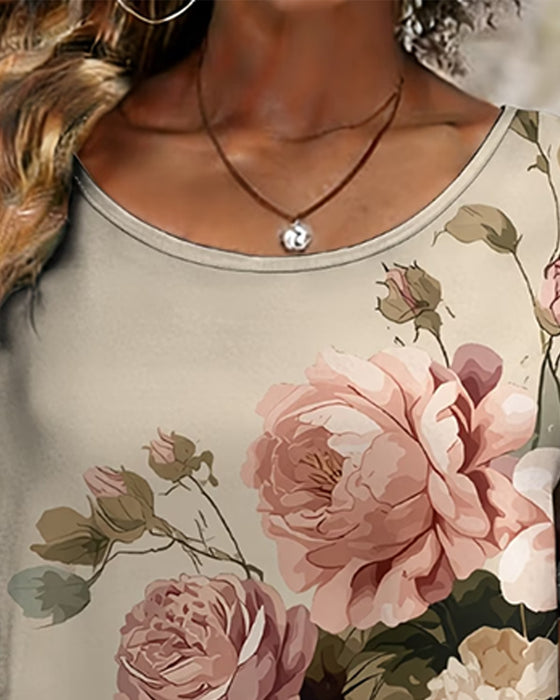 T-Shirt Vintage Großes Blumenmuster Asymmetrischer Saum Kurzarm