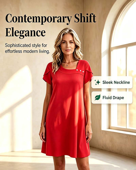 Kleid Asymmetrischer Ausschnitt Knopf Kurzarm Unifarben