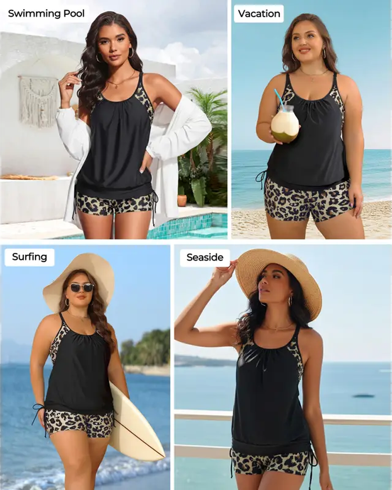 Tankini Ärmellos Leopard Patchwork Kordelzug