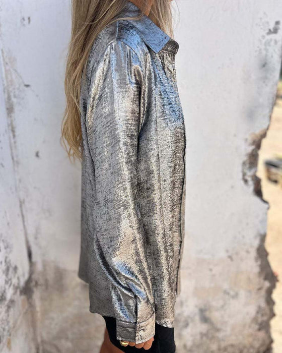 Bluse Langarm Fein Schimmer Tasche Knopfleiste