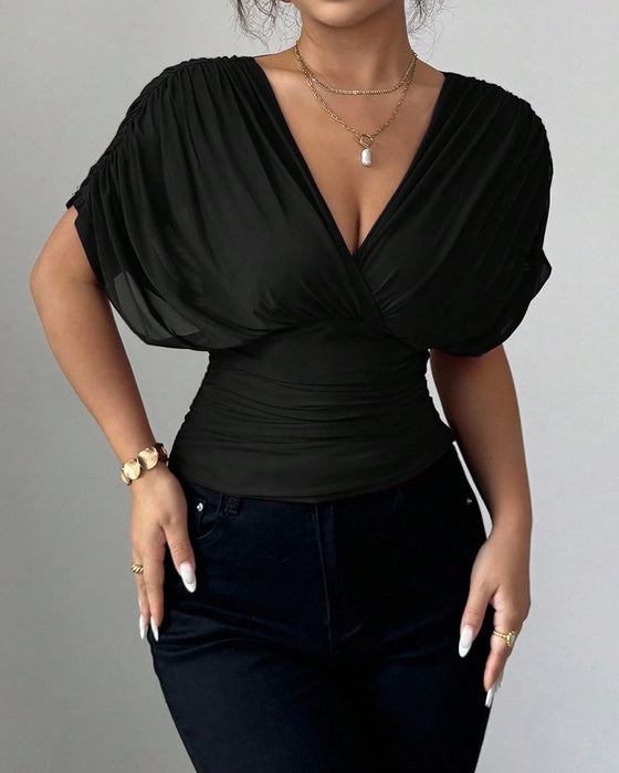 Bluse Uni Farbe Tiefer V-Ausschnitt Taille Kurzarm