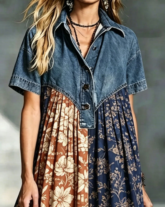 Kleid Hemdkragen Blumig Kontrast Denim Patchwork