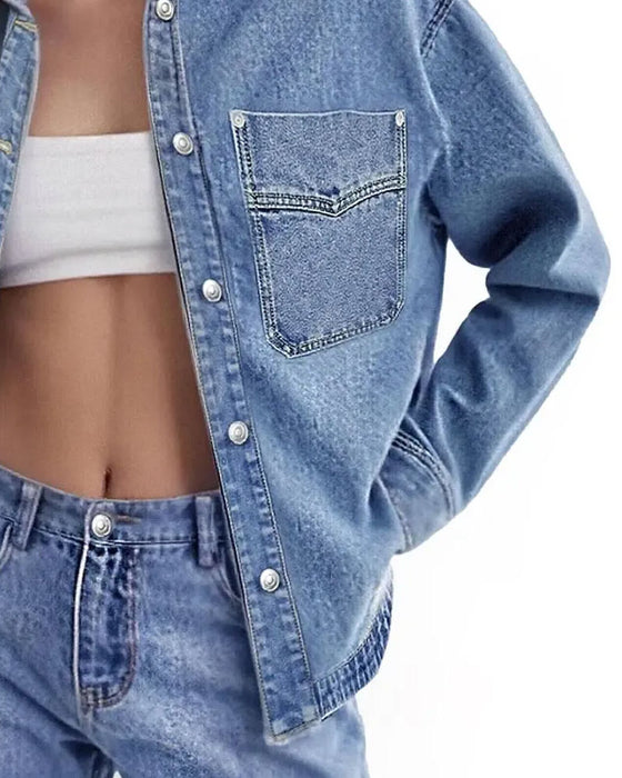 Hemd Revers Knopf Langarm Denim