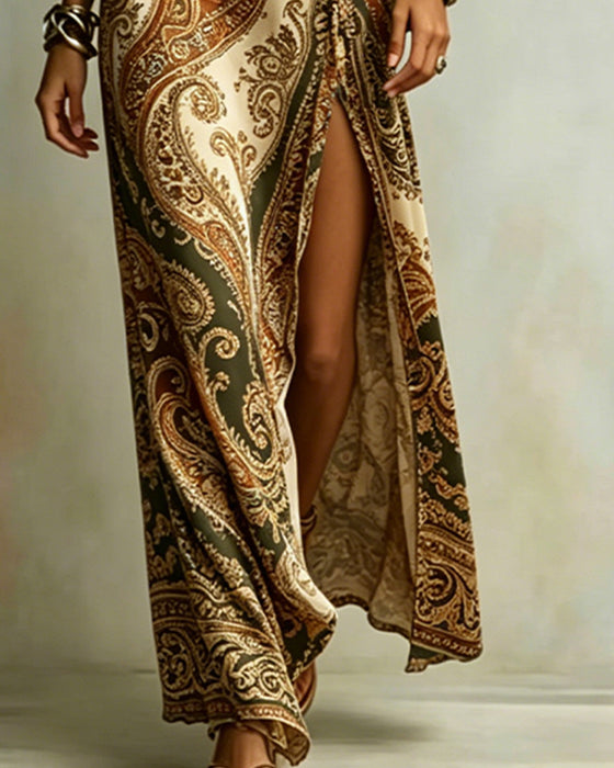 Kleid Paisley Ein Schulter Krawatte Schlitz Maxi