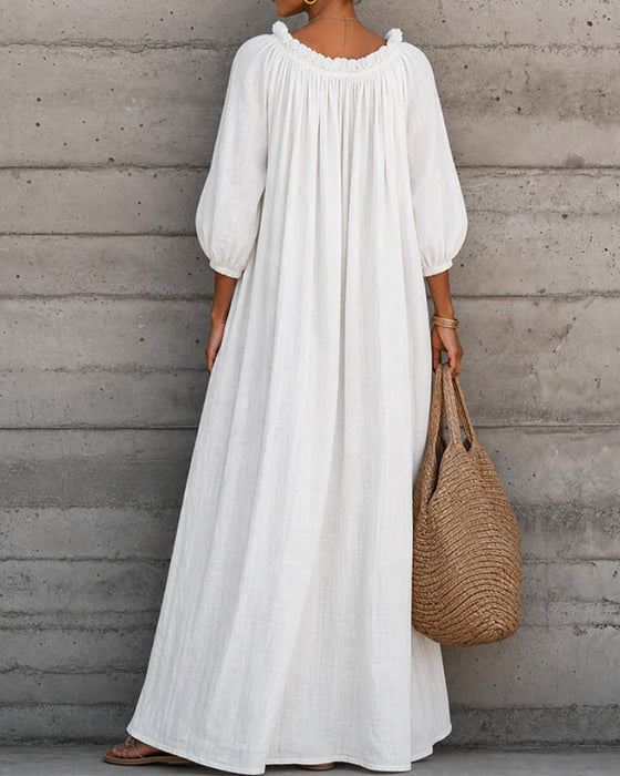 Kleid Rein Weiß Blasenärmel Voll Rock Maxi